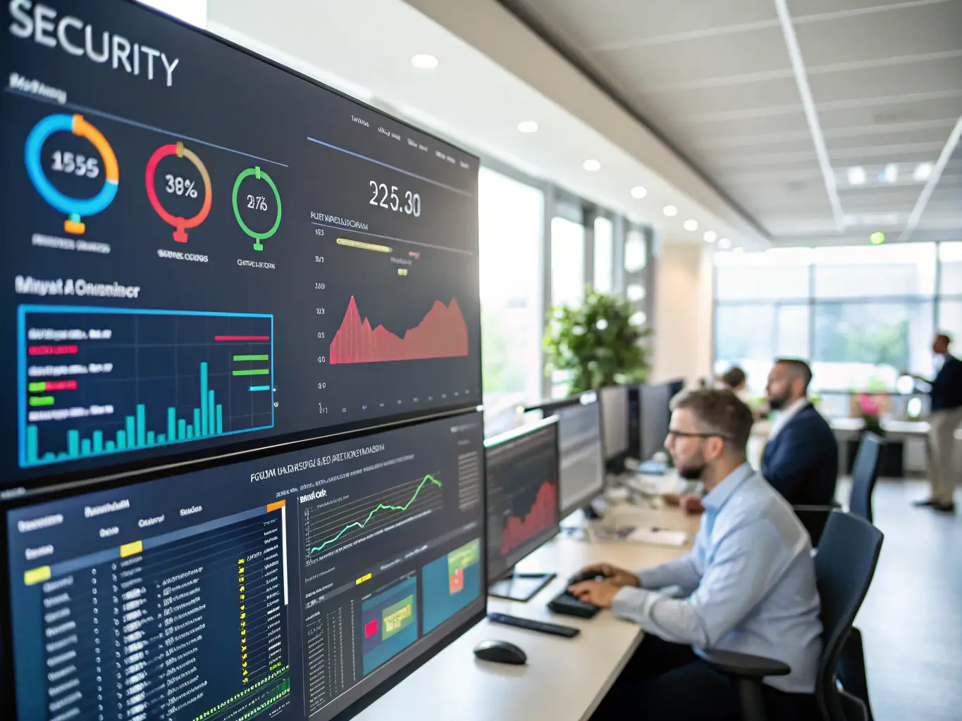 A network security dashboard displaying threat monitoring and firewall configurations, illustrating Al Tajdeed's Network Security Solutions.