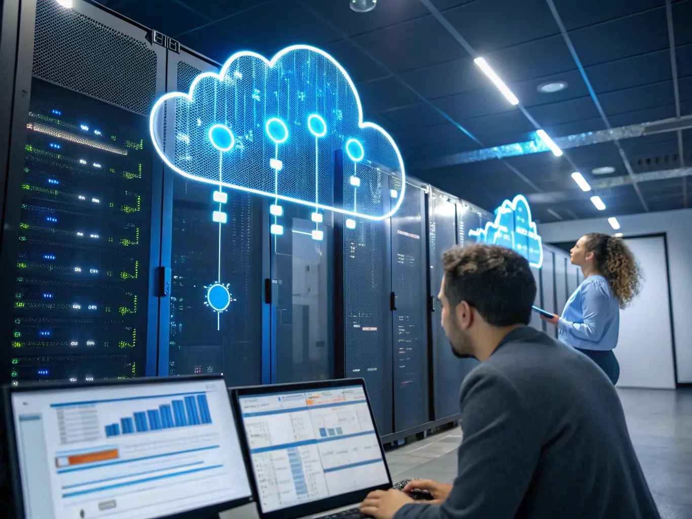 A cloud infrastructure diagram illustrating hybrid cloud and data flow, representing Al Tajdeed's Cloud Services.