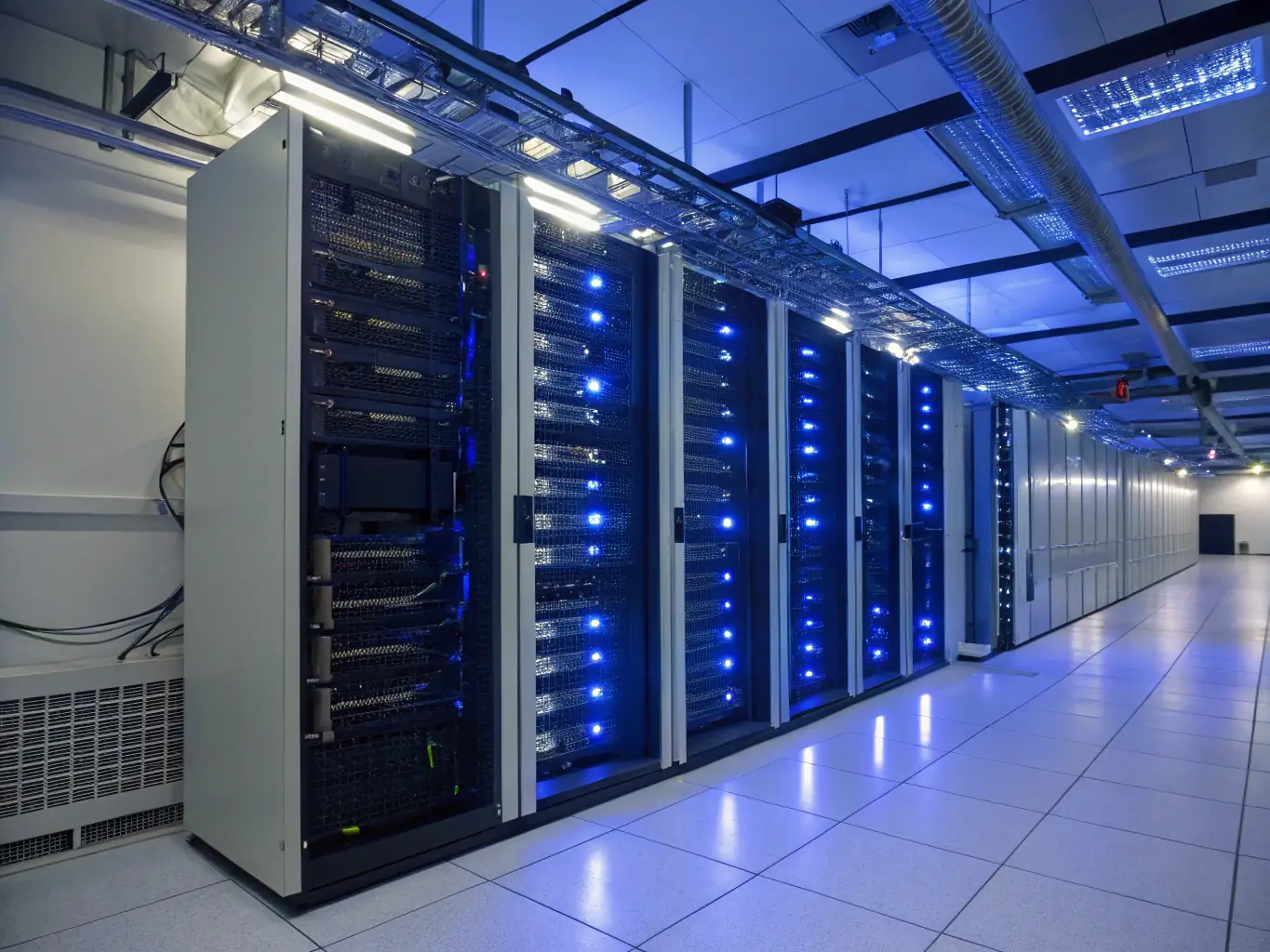 A modern data center with servers, networking equipment, and cloud integration components, representing Al Tajdeed's Enterprise IT Infrastructure solutions.