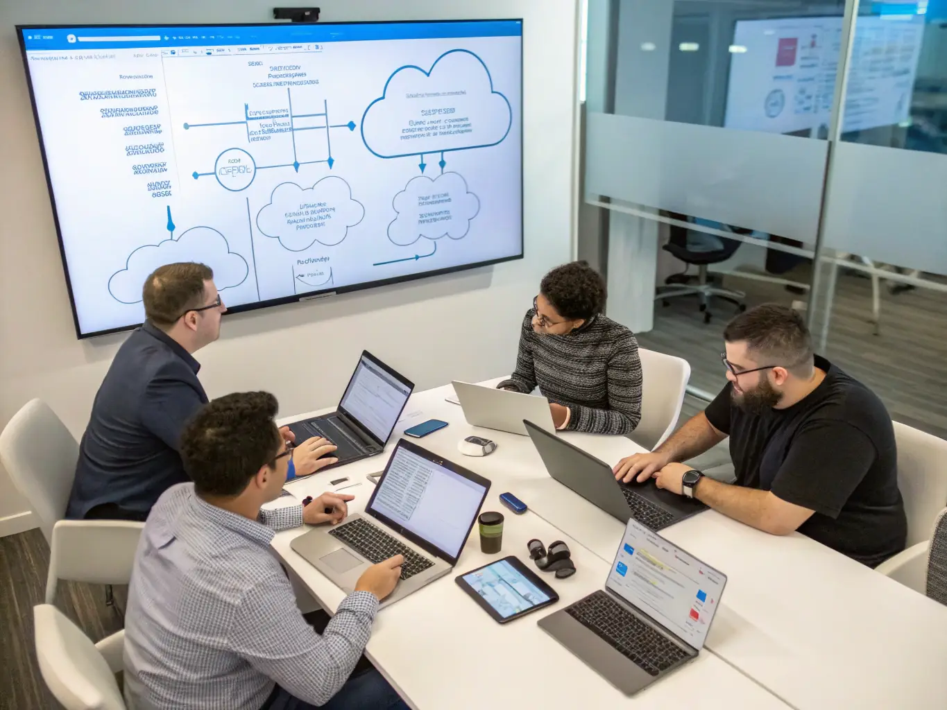A team of IT specialists is collaborating on a cloud migration strategy for a banking client, ensuring secure and seamless transition of critical financial data and applications to the cloud.