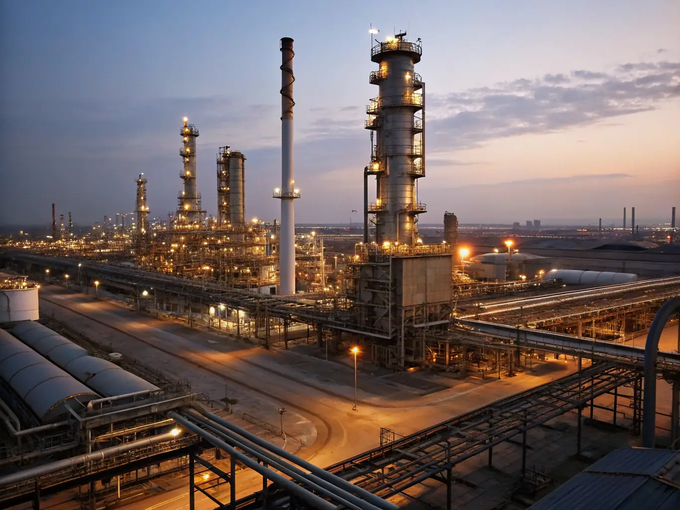 A modern oil refinery complex at dusk, showcasing the integration of advanced IT infrastructure for process automation and data management in the Oil & Gas industry.