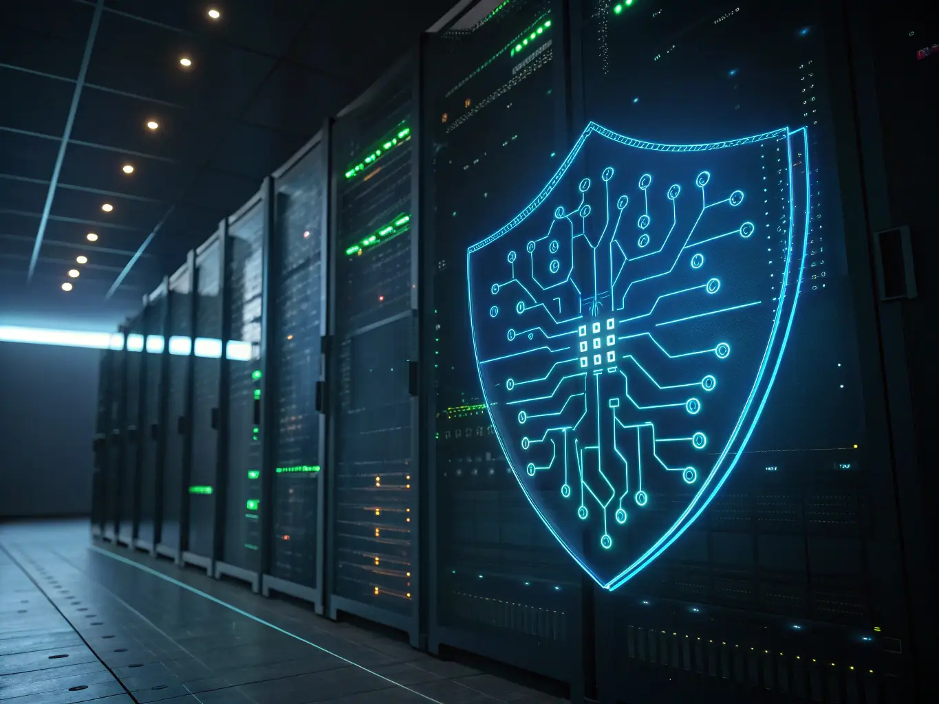A graphic illustration of a network security system, highlighting firewalls, intrusion detection systems, and secure access controls, representing Al Tajdeed Computer Trading LLC's network security services.