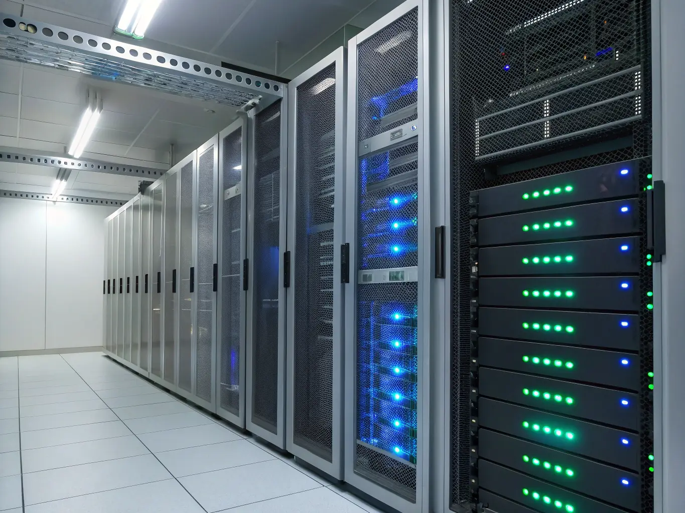 A detailed image showcasing a modern server room with blinking lights, emphasizing the complexity and reliability of IT infrastructure solutions provided by Al Tajdeed Computer Trading LLC.