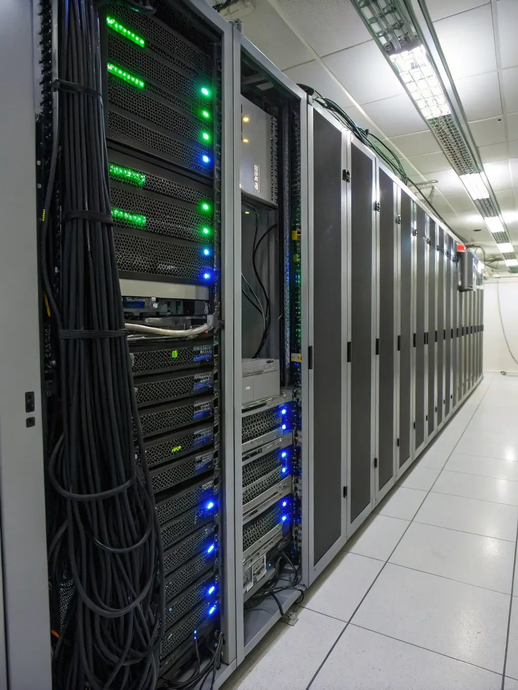 A modern server room with blinking lights and neatly arranged cables, symbolizing robust IT infrastructure.