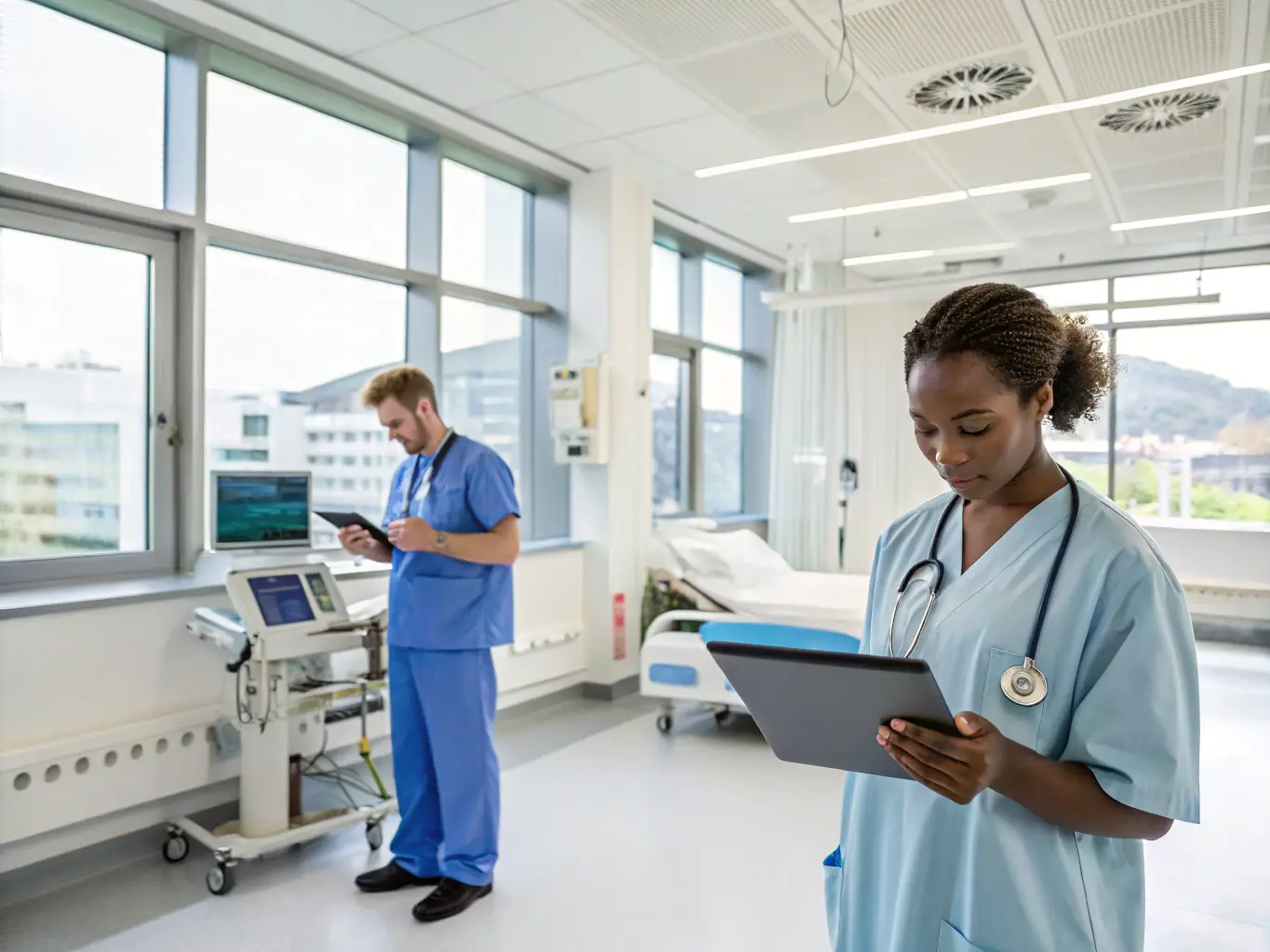 A bustling hospital environment with doctors and nurses using electronic health record systems, highlighting the importance of secure and reliable IT solutions in Healthcare.