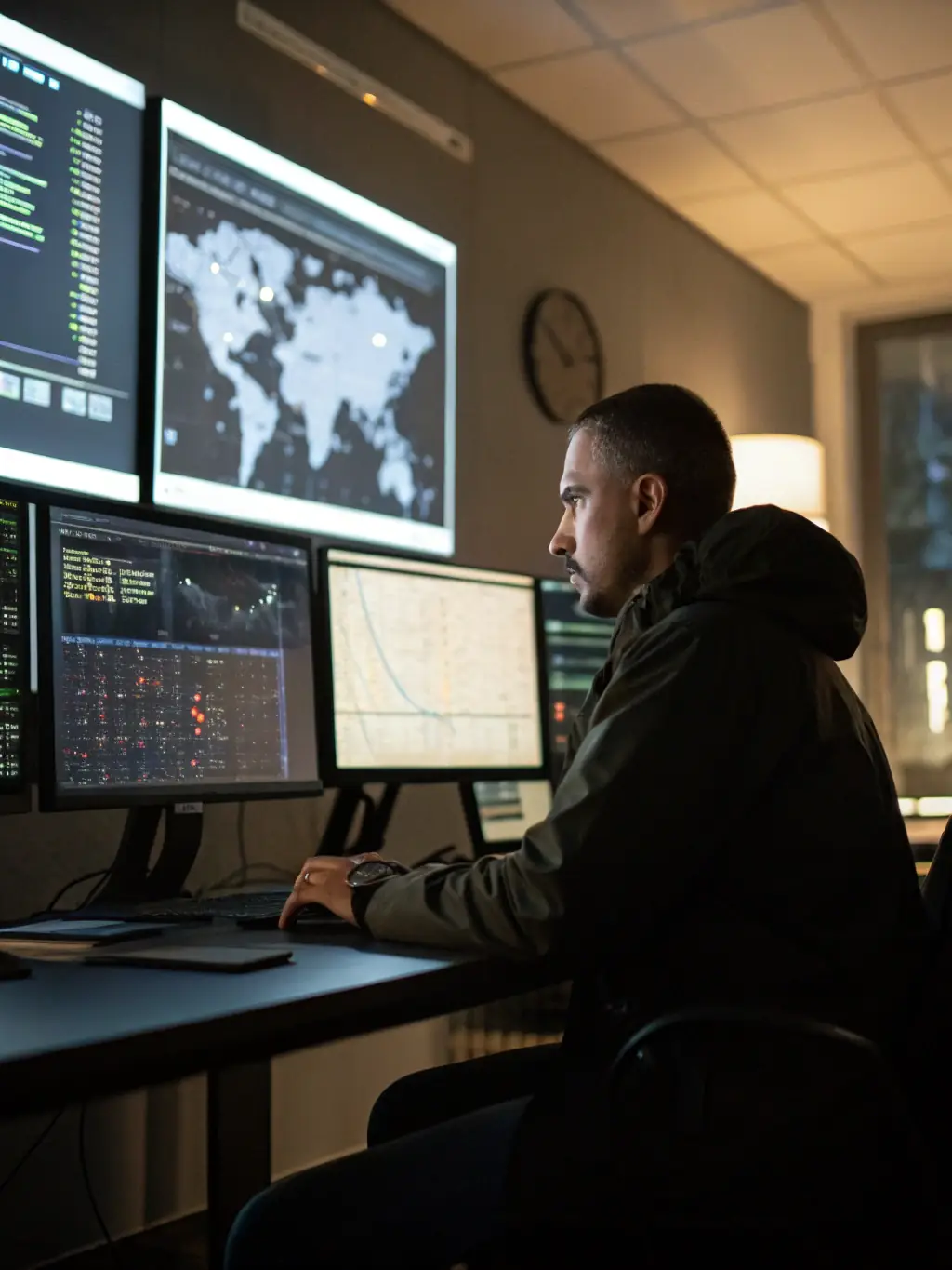 A network security engineer working at a console with multiple screens displaying security data and network traffic.